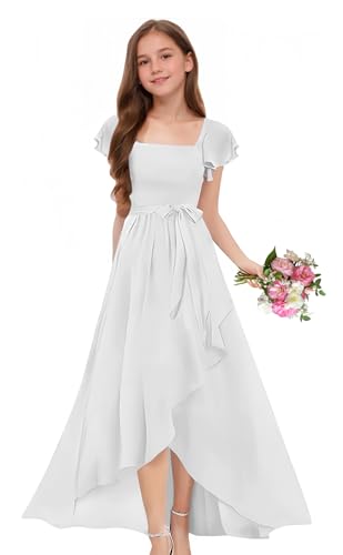 Junior Bridesmaid Dress Long with Slit A-Line Chiffon Flower Girl Dresses Short Ruffle Sleeves for Wedding Party