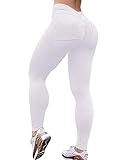 HIOINIEIY Women's Scrunch Ruched Butt Lifting Booty Enhancing Leggings High Waist Push Up Yoga Pants with Pockets White XS