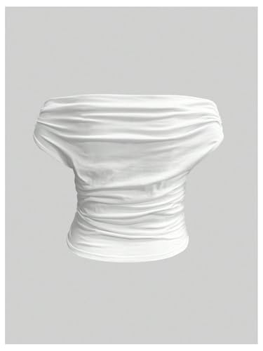 WDIRARA Women's Plus Size Off Shoulder Short Sleeve T Shirt Ruched Asymmetrical Tee Tops2