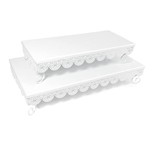 Dulcet Delights Metal Rectangle Eyelet Cake Stands with Lattice Borders – Cake stands for Birthdays, Weddings, Parties and Events - 14 ½"L x 6 ½”W x 3 ¼”H and 17 ½"L x 9 ½”W x 3 ¼”H – Set of 2 – White