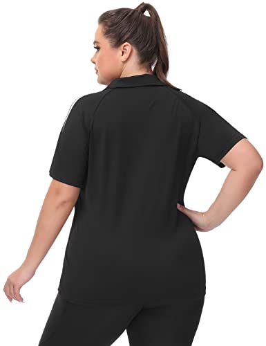 Hanna Nikole Women's Polo Shirts Short Sleeve Color-Block Fold Collar Zip Up Athletic Golf Apparel 18W Black #TOP4