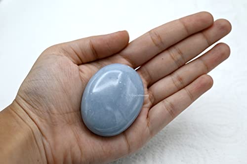 Image of Certified Angelite Crystal Palm Pebbles Stones for Anxiety Stress Relief Massage - AAA Grade Original Healing Gemstone Agate Palm Stone for Yoga Meditation Spiritual Reiki Feng Shui
