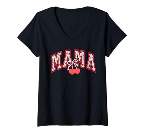 Damen Mama Mommy Cherry Happy Mother's Day Mom Life Kokette Schleife T-Shirt mit V-Ausschnitt