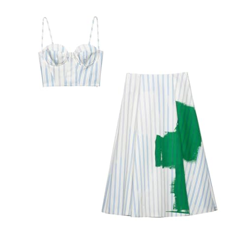 Women Series Striped Tight Corset Top Half Skirt Set Spaghetti Strap Bodycon Crop Top Midi Skirt Suit