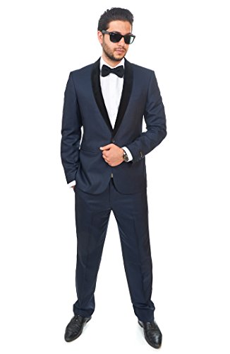 AZAR MAN Slim Fit Men Suit/Tuxedo Navy Blue 1 Button Shawl Velvet Lapel