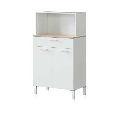 duehome | Alacena de Cocina, Mueble Auxiliar 2 Puertas + 1 Cajon y Estante Interior, Modelo Colin, Acabado en Blanco Artik y Roble Canadian, Medidas: 72 cm (Ancho) x 126 cm (Alto) x 40 cm (Fondo)