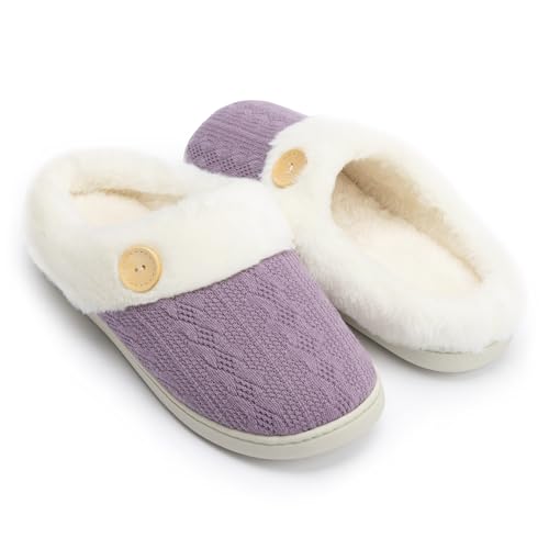 Chantomoo Womens Slipper Warm Comfy Memory Foam House Slippers Knitted Shoes Faux Fur Lined Anti-Skid Rubber Sole Bedroom Cozy Indoor Outdoor Slippers Purple Size7 8 6.5