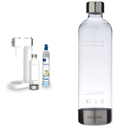 Philips Water Solutions GoZero Sparkling Water Maker Sifón, máquina para Hacer Soda, 1 Liter, plástico, Azul + GoZero Sparkling Water Maker Bottle Botella para Sifón, 1 Liter, plástico, Transparente