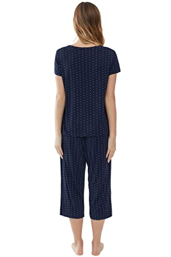 Joyaria Womens Bamboo Cooling Pajamas Capri Pjs Set Summer Night Sweats Short Sleeve Sleepwear Hot Flashes(Navy Polka Dot,Xl) #TOP6
