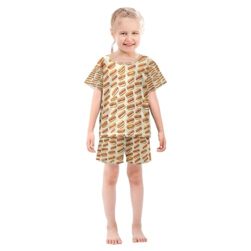Pajama Sets Short Sleeve Hot Dog Cartoon Pattern Soft Cotton Summer Sleepwear 2 Piece PJS Size 5-14T4