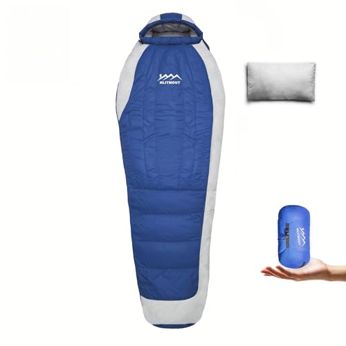 HLITMOUT Ultraleicht Daunenschlafsack mit Kissen Kleiner Leichter Sommer Schlafsack 680FP für Erwachsene und Kinder Wandern Trekking und Camping Outdoor (Blau regulär)