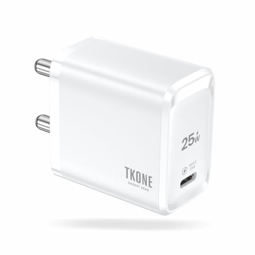 Image of TKONE 25W Fast Charging Adapter, Type C, for iPhone 17 /16 /15 /14 /13 /12 Series, Samsung Galaxy S25 /S24 /S23, OnePlus, Nothing & Others, Advance Safety Protection (White)