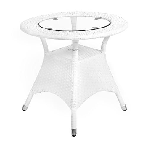 Image of Rattan Wicker Garden Patio Seating Chair and Table Set for Outdoor Balcony Garden Coffee Table Set Furniture with 1 Table and 2 Chair with Red Cushion (White)