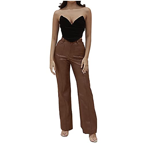 Pantalones de moda de colores sólidos para mujer, pantalones de cuero rectos sexys delgados elegantes pantalones cortos de aspecto de cuero para mujer, marrón, S