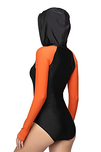 AXESEA Womens Long Sleeve Rash Guard Hooded One Piece Swimsuit Sun Protection Front Zpper Printed Bathing Suit2