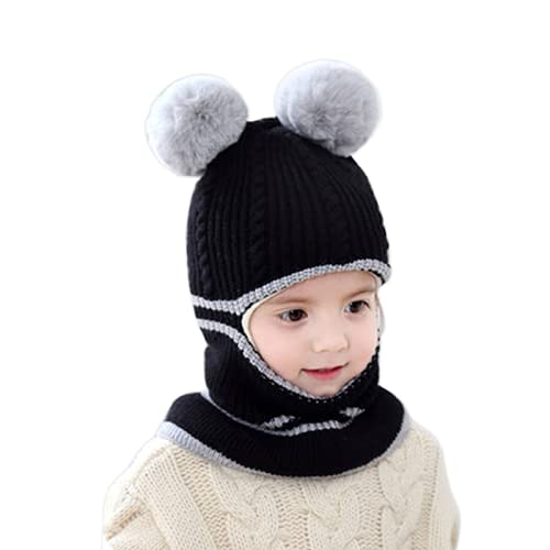 Kids Winter Plus Velvet Thickened face Protection Scarf Skull Caps Cute Beanie Cap Winter Soft Warm Knit Caps (Hat1-Black)