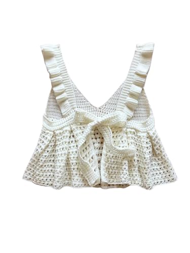 SOLY HUX Women's Bow Tie Backless Peplum Cute Sweater Deep V Neck Sleeveless Crochet Crop Tops