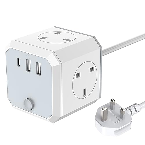 Cube Extension Lead with USB Slots, 1.8M Multi Plug Extension Cord with ...