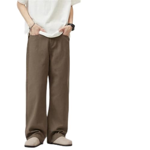 Men's Cotton Baggy Straight Jeans Breathable Soft Casual Trousers in White Brown Korean Style