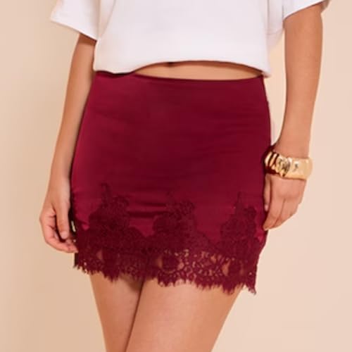 Womens Satin Half Slips Skirts Casual Lace Trim Elastic Waist A Line Elegant Lace Mini Skirts3