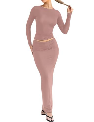 Remelon Skirt Sets Women 2 Piece Outfits Slim Long Sleeve Crop Top Fold Over Bodycon Mermaid Maxi Skirt Sexy Two Piece Dress4