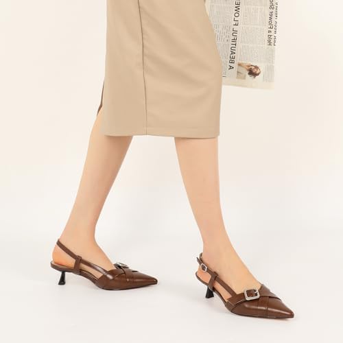 Image of Esvowido Women Slingback Kitten Heels Pointed Toe Low Heel Pumps Adjustable Buckle Straps for Work Party Casual Outfit