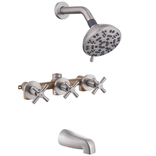 YANCASENO 3 Handles Shower Faucet Set with Tub Spout Bathtub Shower Faucets Combo Set Shower System Complete Tub and Shower Trim Kit Shower Fixtures Brushed Nickel