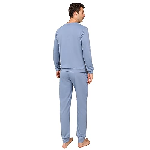 Mens Cott*n-like texture long Pajamas Set cat pattern Nightwear round neck Sleepwear2