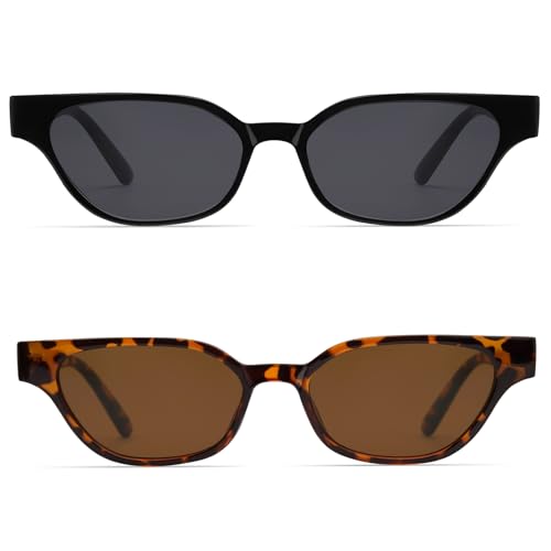 Retro Cat Eye Sunglasses for Women Small 90s Style Vintage Look Trendy Narrow Skinny Frame 2-Pack