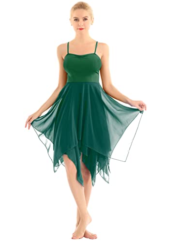Freebily Damen Ballett Tanzkleid Ärmellos Mit Chiffon Swing Asymmetrische Rock Latein Rumba Tango Ballsaal Kleid Tanzkostüme Grün L