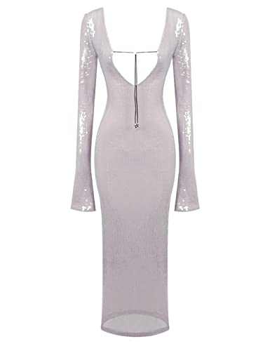 Image of Women's V Neck Long Sleeve Glitter Sequins Mermaid Evening Gown Dress