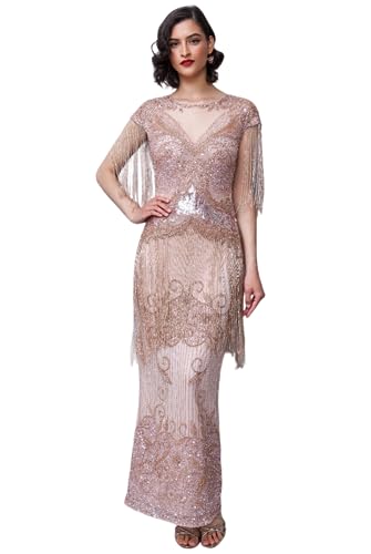Ethel Maxi Prom Blush 1920s Vintage Inspired Great Gatsby Art Deco Charleston Swing Fringe Wedding Bridesmaids Dress