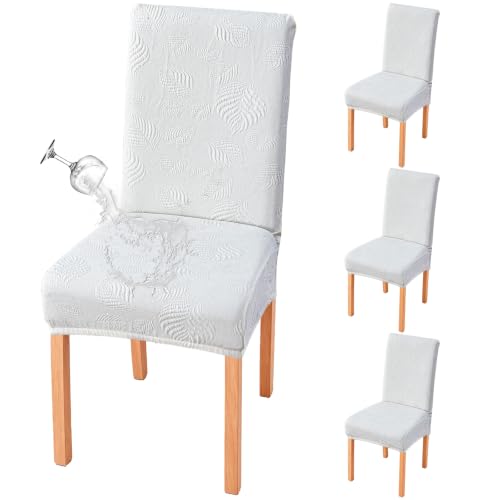 Image of Genina Waterproof Dining Chair Cover Set of 4,Kitchen Chair Cover,White | Stretch Dining Room Chair Slipcovers with Leaf Jacquard,Removable Kitchen Chair Protector for Home,Restaurant,Banquet