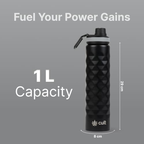 Image of CULT Stainless Steel Water Bottle 1 Litre with Diamond Sports Cap - Durable, Leakproof, Rust-Resistant, Easy to Clean, Lightweight & Portable - Stylish Black