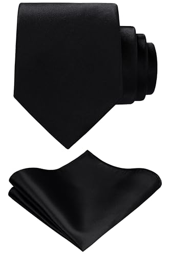 TIE G Solid Satin Color Formal Necktie and Pocket Square Sets in Gift Box (Black)