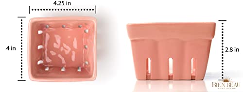 Farmhouse Ceramic Berry Basket, Colander, Strawberry Decor, Fruit Bowls, Fruit Baskets, Kawaii Strawberry Kitchen Bowl, Pink White And Cute Strawberry Pattern Stoneware Harvest Square Bowls Set Of 4 #TOP5