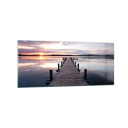 Tableau en verre lac et passerelle au coucher de soleil pour déco de salon zen