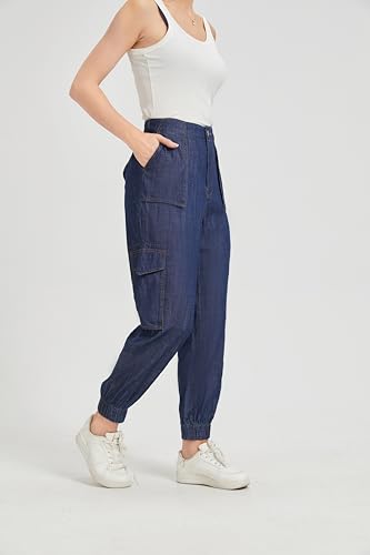 Women's Cargo Denim Jogger Pants High Waisted Elastic Waist Baggy Jeans with Buttons Comfortable for Spring Fall3