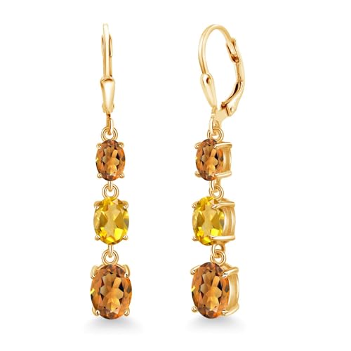 Gem Stone King 18K Yellow Gold Plated Silver Orange Red Madeira Citrine 3 Stone Dangle Earrings For Women (4.50 Cttw, Gemstone Birthstone, Oval 8X6MM, 7X5MM and 6X4MM)