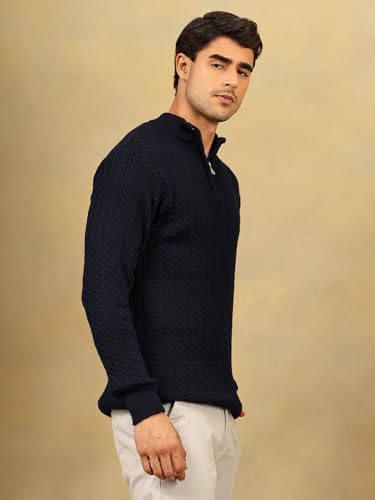 Image of Kvetoo Men's Full Sleeve High Neck Zipper Sweater| Warm Cable Knit Quarter Zip Pullover | Wool Winter Sweater for Casual & Office Wear