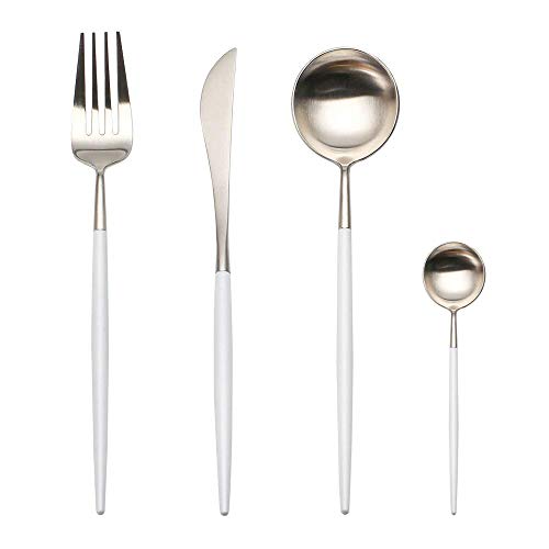 Stainless Steel Flatware Set, Morgiana 4-Piece Flatware Cutlery Set Including Fork Spoons Knife Tableware for Home,Hotel,Restaurant (White+Silver 1)
