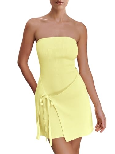 Image of Wenrine Womens Sexy Tube Top Dress Strapless Self Tie Wrap Asymmetrical Hem Knit Summer Party Mini Dresses