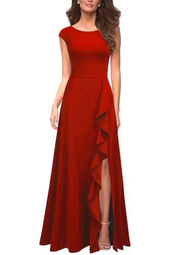 MUSHARE Womens Cocktail Dresses with Pockets Ruffled Sexy Split Party Long Formal Dress Red