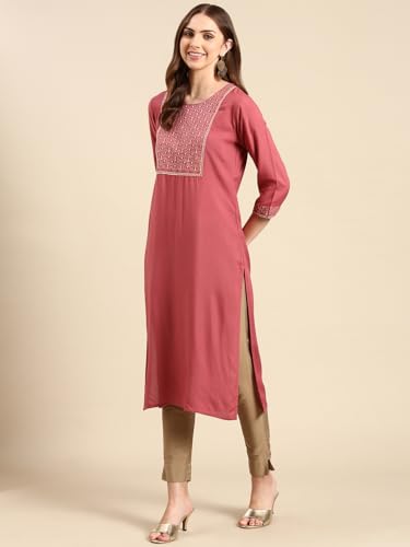 Image of SHOWOFFFF Women Solid Straight Ethnic Kurta | Round Neck 3 /4th Sleeves Cotton Kurta for Womens | Regular Fit Calf Length Kurta for Women's