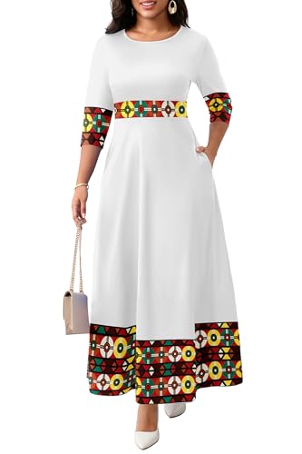 FANDEE Casual Maxi Dresses for Women Elegant 3/4 Sleeve Round Neck Africa Print Church Dress with Pocket