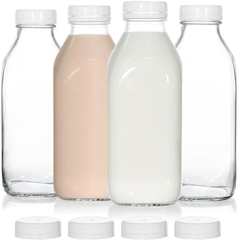 KEYWING 4 Pack 32oz Glass Milk Bottles with Airtight Lids – Reusable, Leak-proof Milk Containers – Dishwasher Safe, Food Grade Glass Bottles – Ideal for Milk, Juice, Water, and Fridge Storage