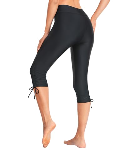 Holipick Womens Plus Size Swim Capris High Waisted Swim Pants Drawstring UPF50+ Long Swim Shorts2