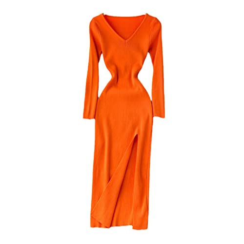 French Long High Split Knit Full Sleeve Dress Ladies Autumn Winter Solid Knit Bodycon Sweater Dress2