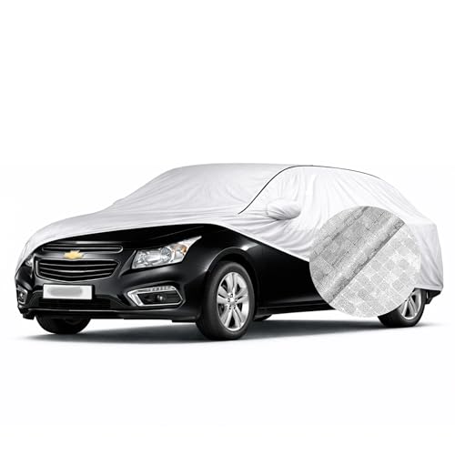 Image of SEAZEN Waterproof Car Cover for Chevrolet Cruze | Dustproof, UV & Scratch Resistant Soft Cotton Lining | Triple Stitched, Mirror Pockets & Elastic Hem | Metallic Silver with Black Piping
