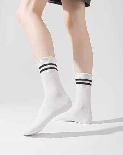 Image of Yawlsow 4 Pairs Ruffle Frilly Striped Socks Women Cute Cotton Coquette Ankle Socks kawaii Lettuce Edge Crew Socks for Girls